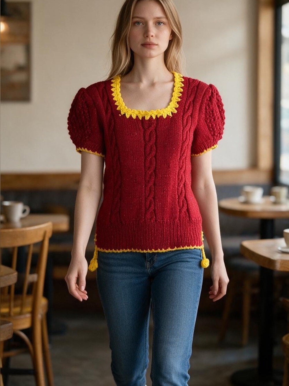 Handmade Kids Red Knit Costume Top with Yellow Trim
